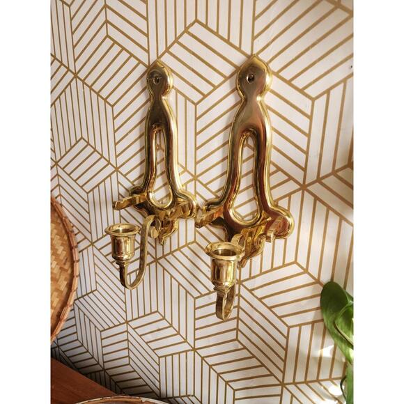 Vintage Pair Gold Brass Sconces Wall Hanging Candle Holder 11” With Plate Holder - Picture 4 of 12